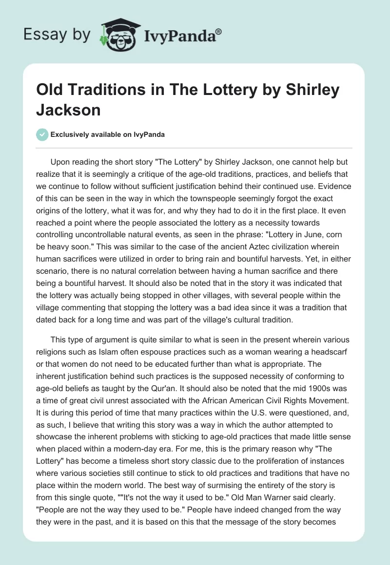 Old Traditions in "The Lottery" by Shirley Jackson. Page 1