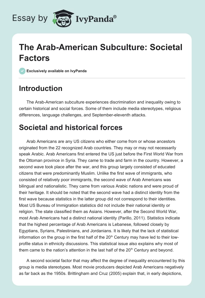 The Arab-American Subculture: Societal Factors. Page 1