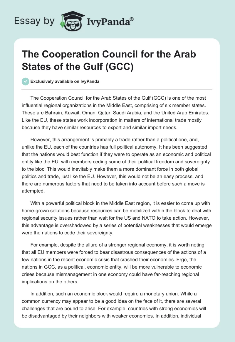 The Cooperation Council for the Arab States of the Gulf (GCC). Page 1