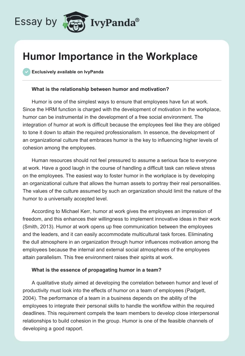 Humor Importance in the Workplace. Page 1