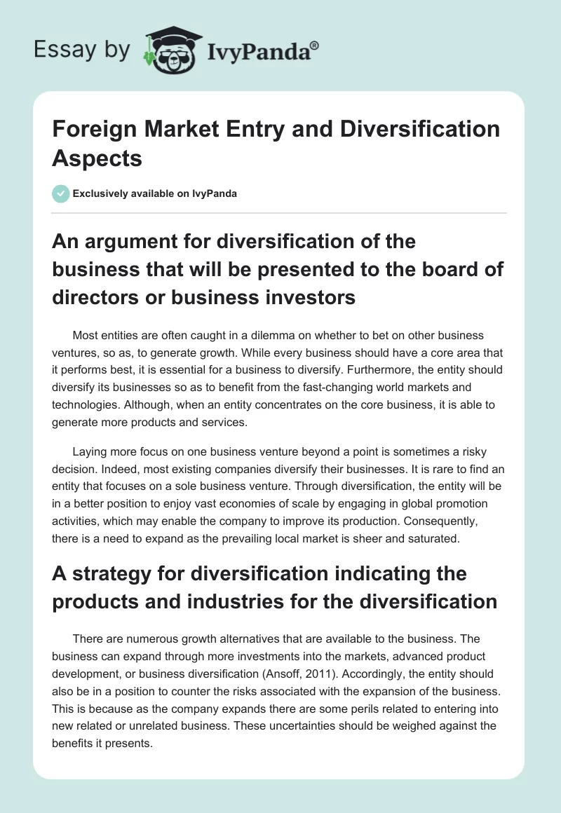 Foreign Market Entry and Diversification Aspects. Page 1