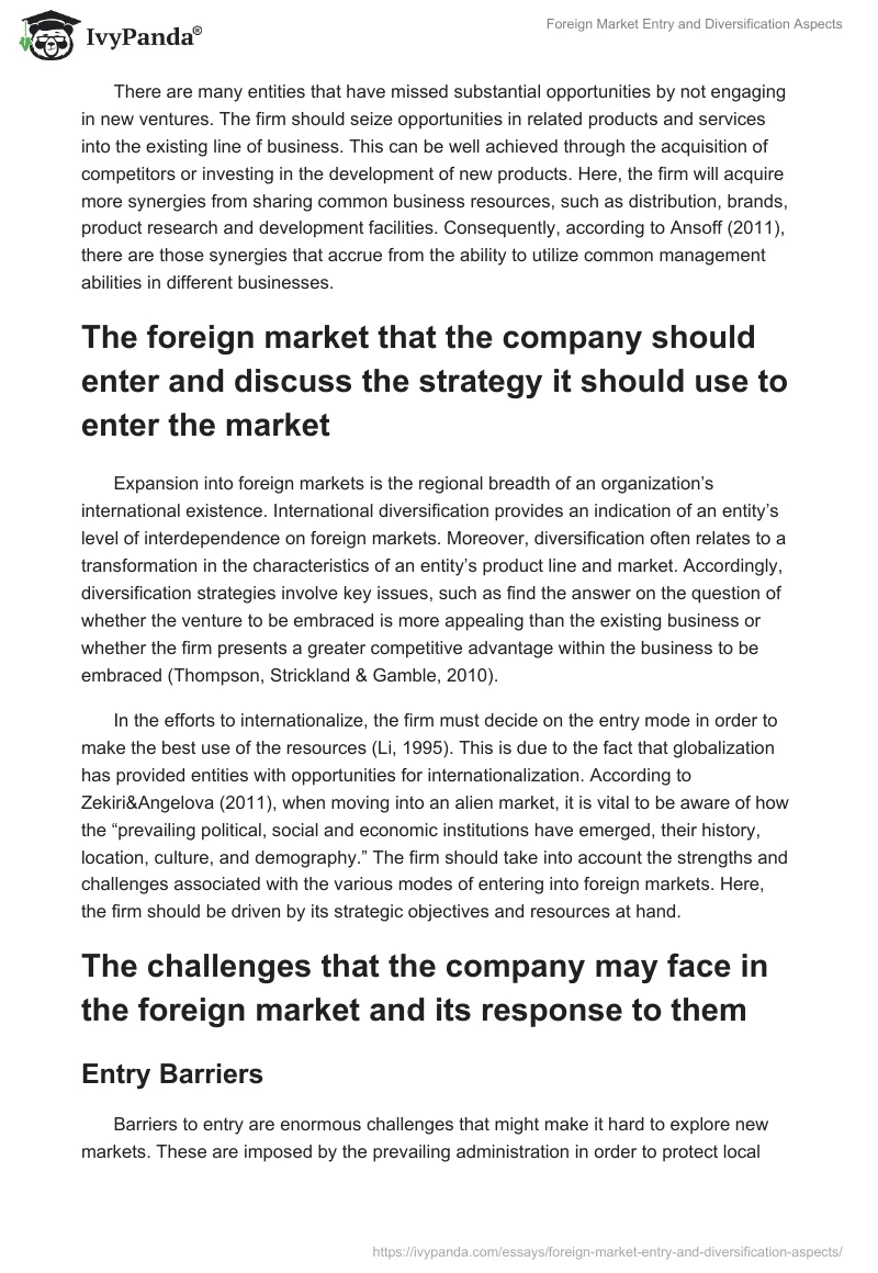 Foreign Market Entry and Diversification Aspects. Page 2