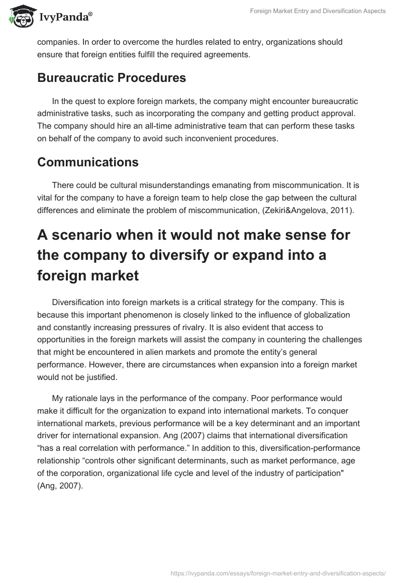 Foreign Market Entry and Diversification Aspects. Page 3