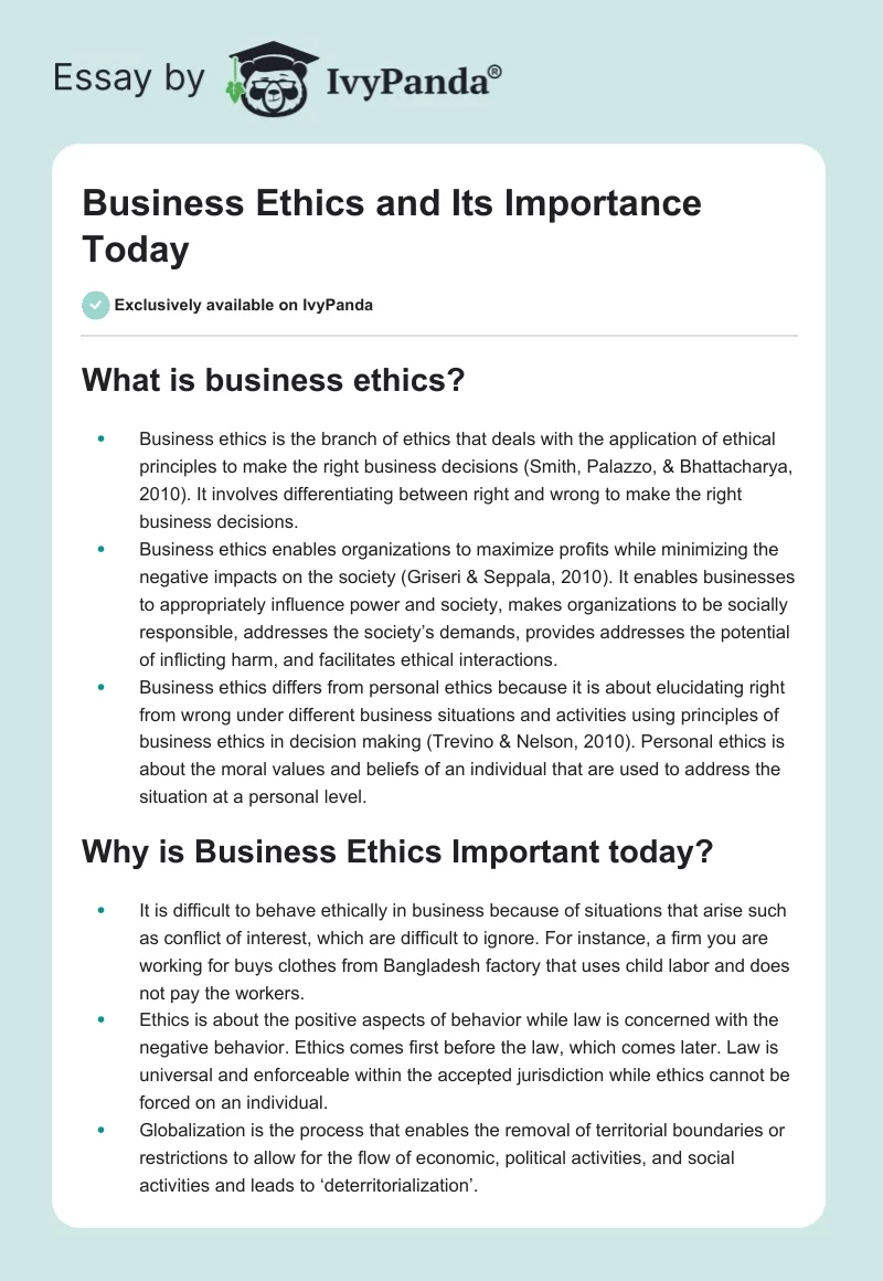 Business Ethics and Its Importance Today. Page 1