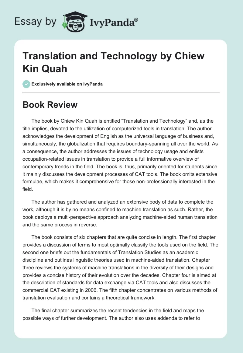 "Translation and Technology" by Chiew Kin Quah. Page 1
