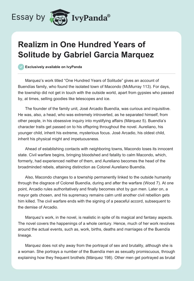 Realizm in "One Hundred Years of Solitude" by Gabriel Garcia Marquez. Page 1