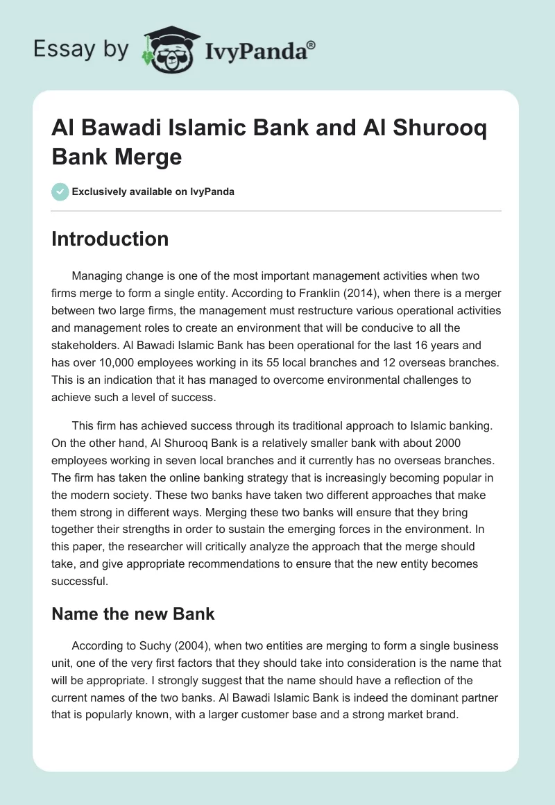 Al Bawadi Islamic Bank and Al Shurooq Bank Merge. Page 1