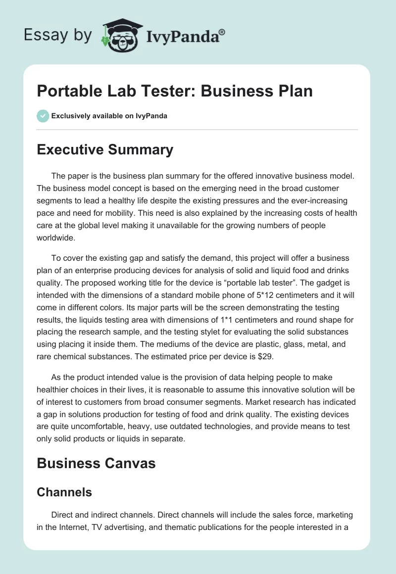 Portable Lab Tester: Business Plan. Page 1