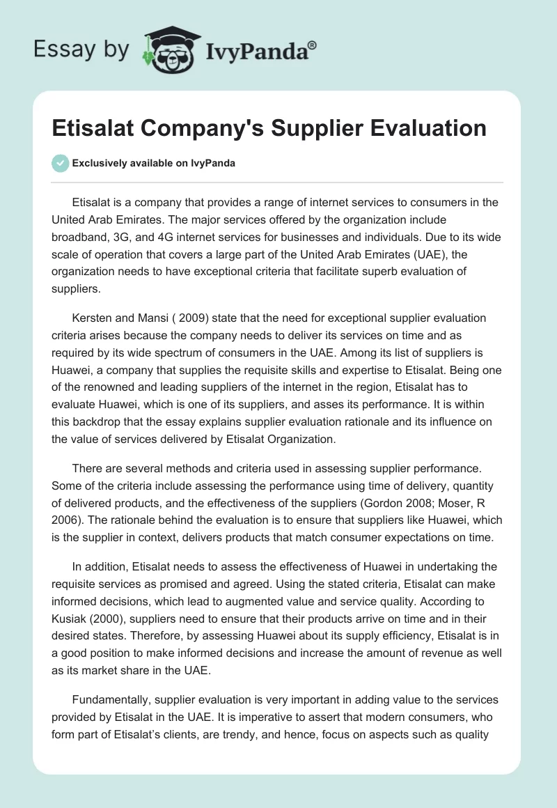 Etisalat Company's Supplier Evaluation. Page 1