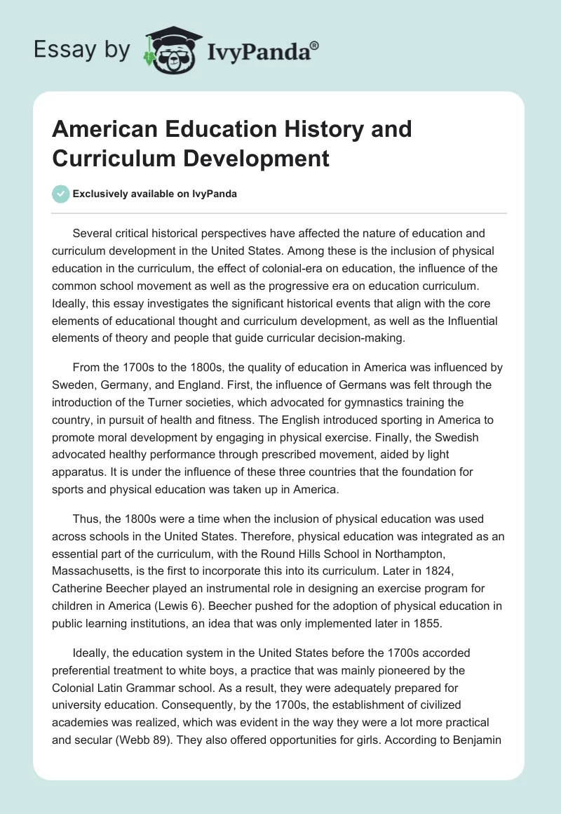 American Education History and Curriculum Development. Page 1