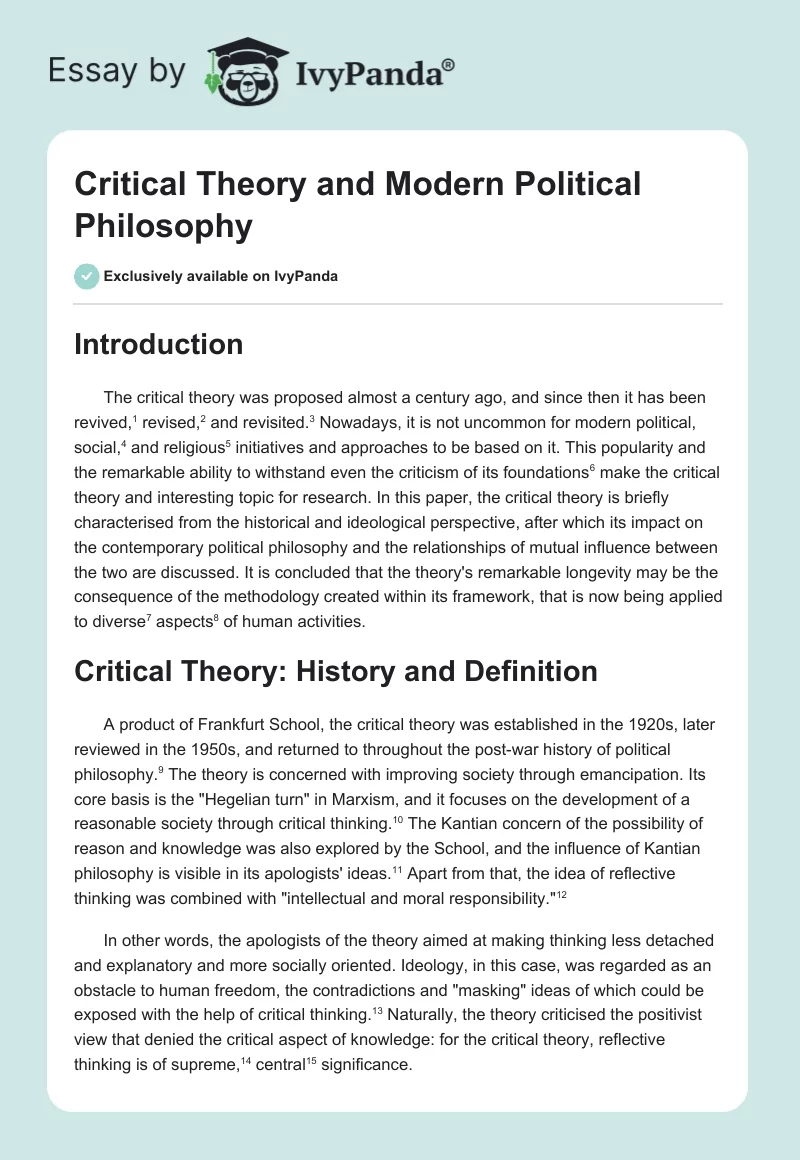 Critical Theory and Modern Political Philosophy. Page 1