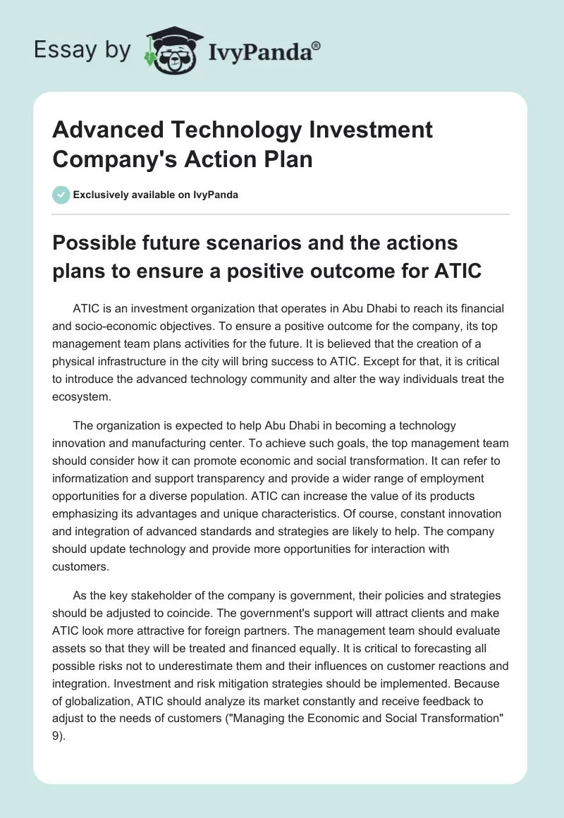 Advanced Technology Investment Company's Action Plan. Page 1