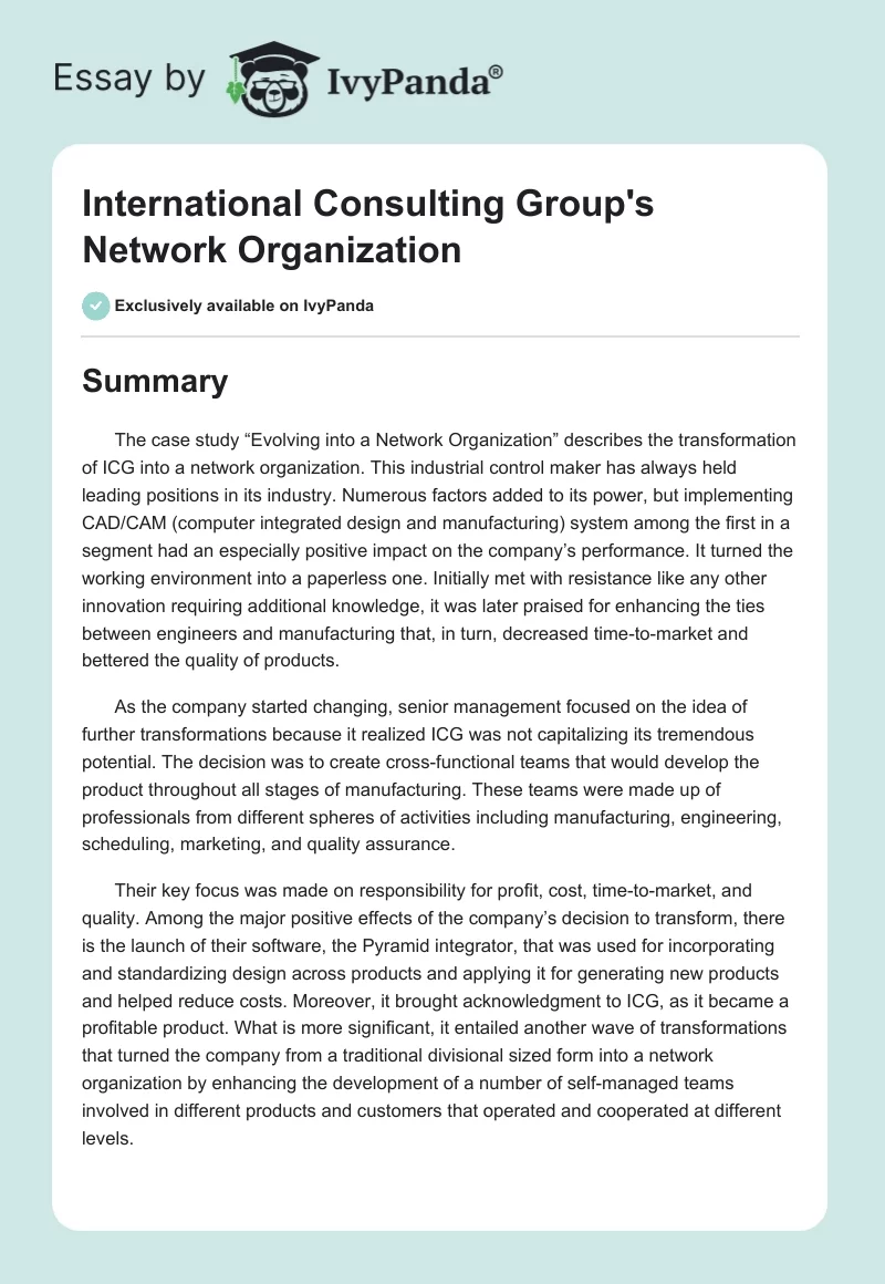 International Consulting Group's Network Organization. Page 1