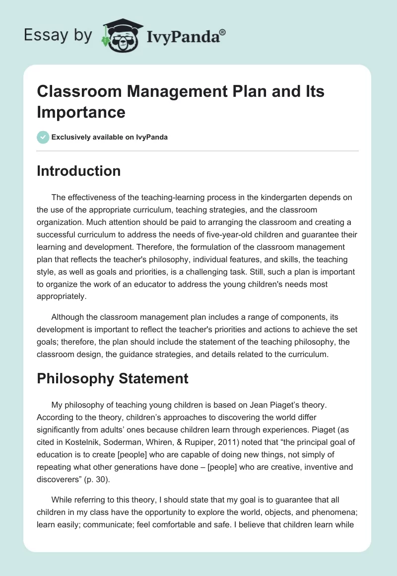 Classroom Management Plan and Its Importance. Page 1