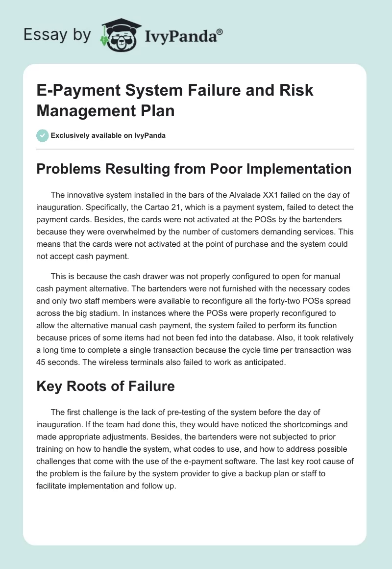 E-Payment System Failure and Risk Management Plan. Page 1