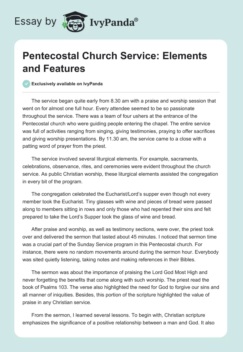 Pentecostal Church Service: Elements and Features. Page 1