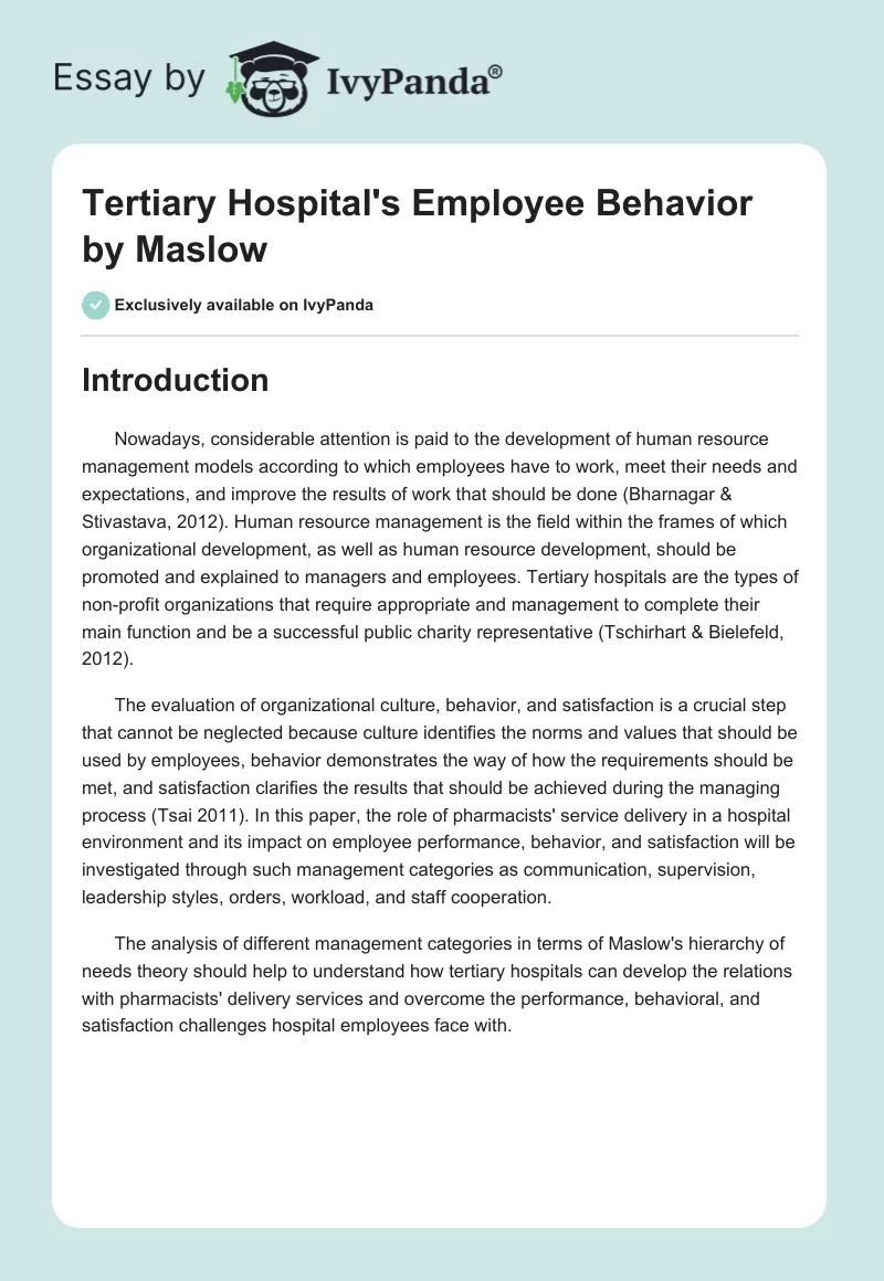 Tertiary Hospital's Employee Behavior by Maslow. Page 1