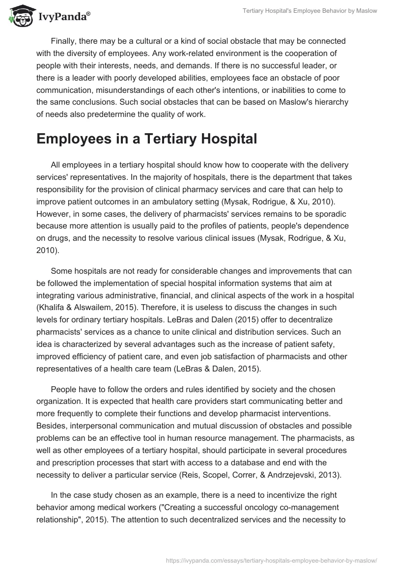 Tertiary Hospital's Employee Behavior by Maslow. Page 5