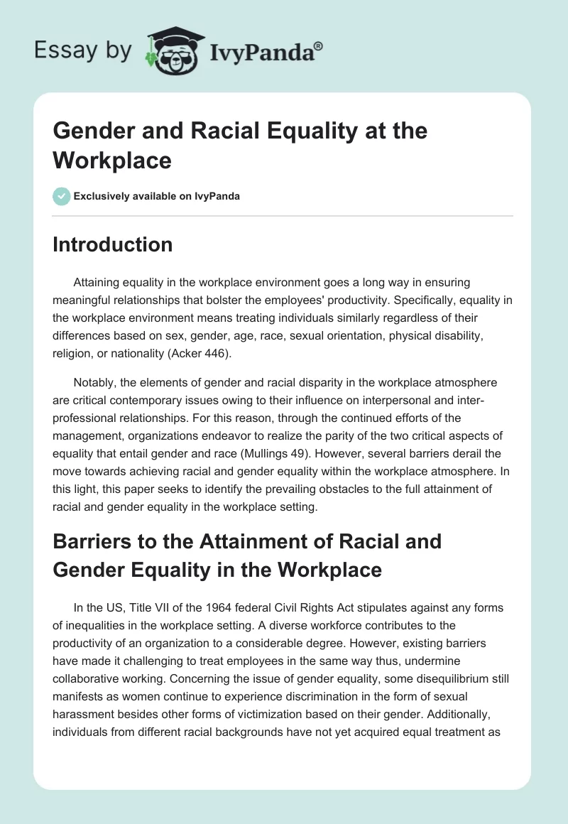 Gender and Racial Equality at the Workplace. Page 1