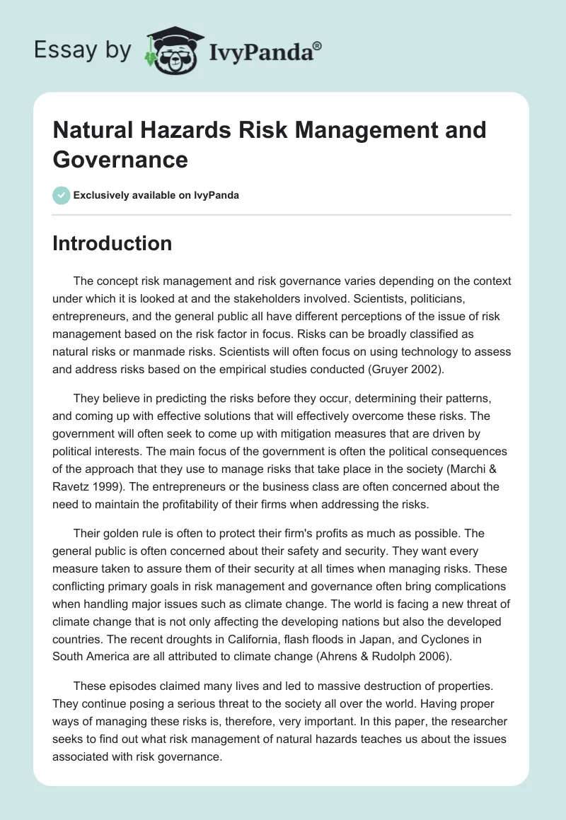 Natural Hazards Risk Management and Governance. Page 1