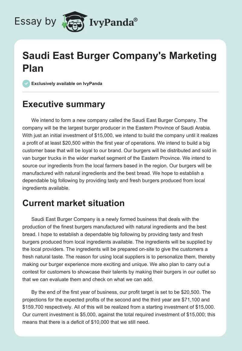 Saudi East Burger Company's Marketing Plan. Page 1