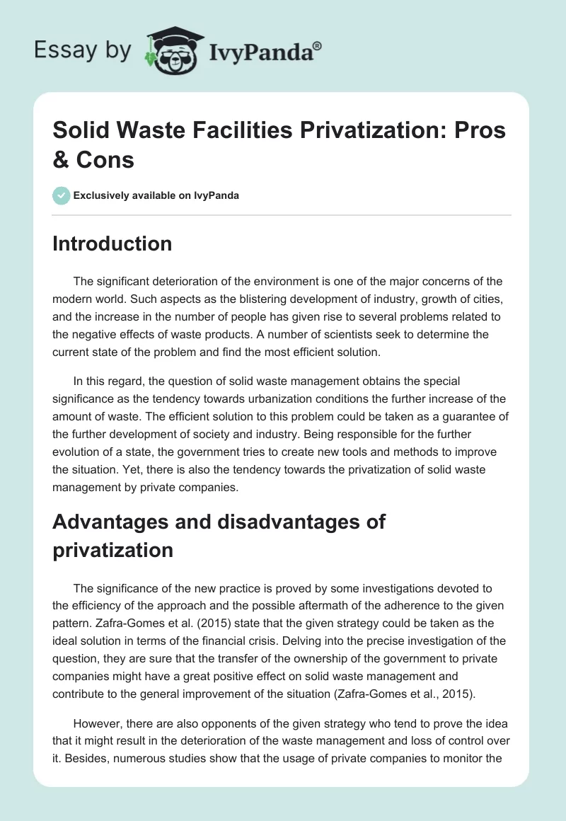 Solid Waste Facilities Privatization: Pros & Cons. Page 1