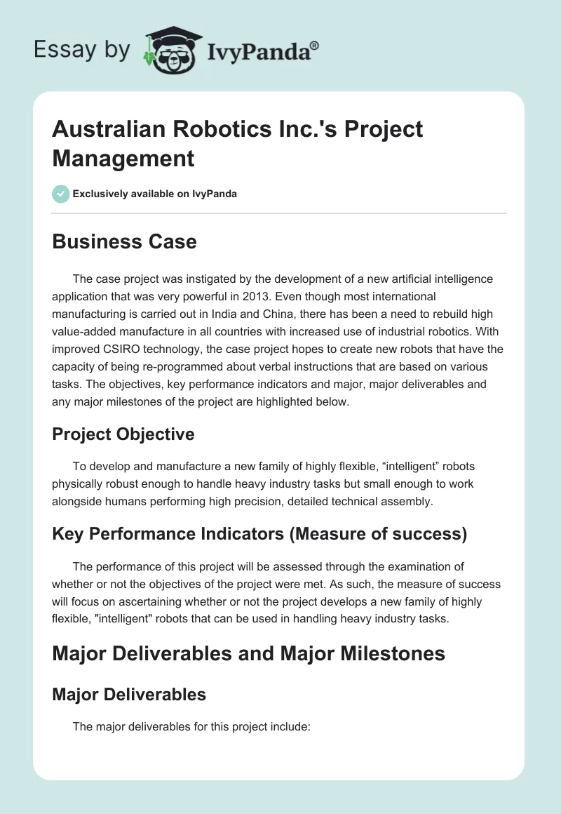 Australian Robotics Inc.'s Project Management. Page 1