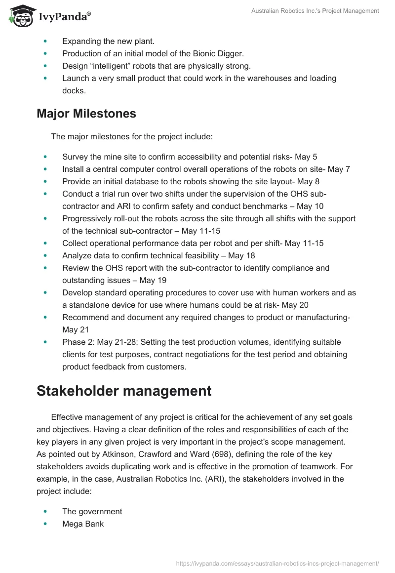 Australian Robotics Inc.'s Project Management. Page 2