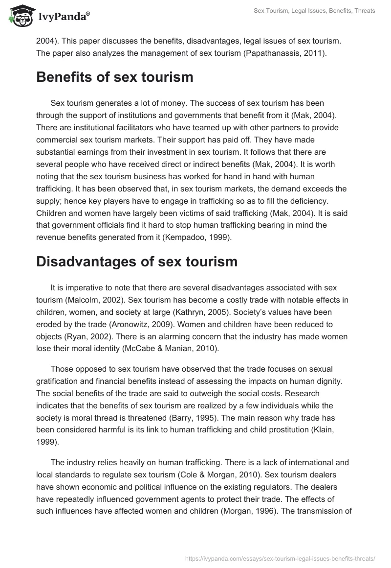 Sex Tourism, Legal Issues, Benefits, Threats. Page 2