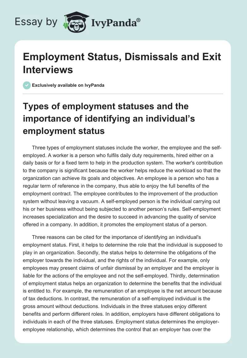 Employment Status, Dismissals and Exit Interviews. Page 1