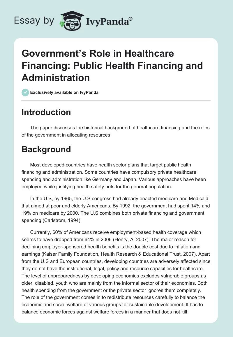 Government’s Role in Healthcare Financing: Public Health Financing and Administration. Page 1