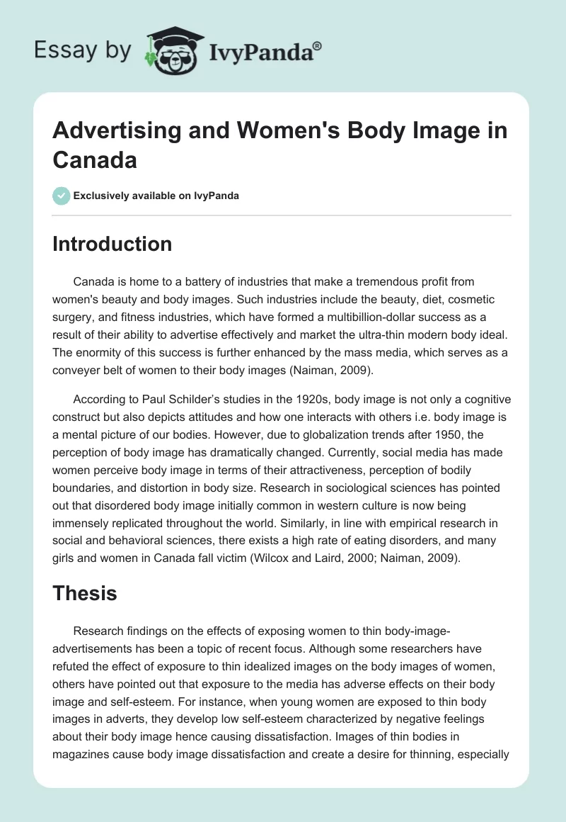 Advertising and Women's Body Image in Canada. Page 1