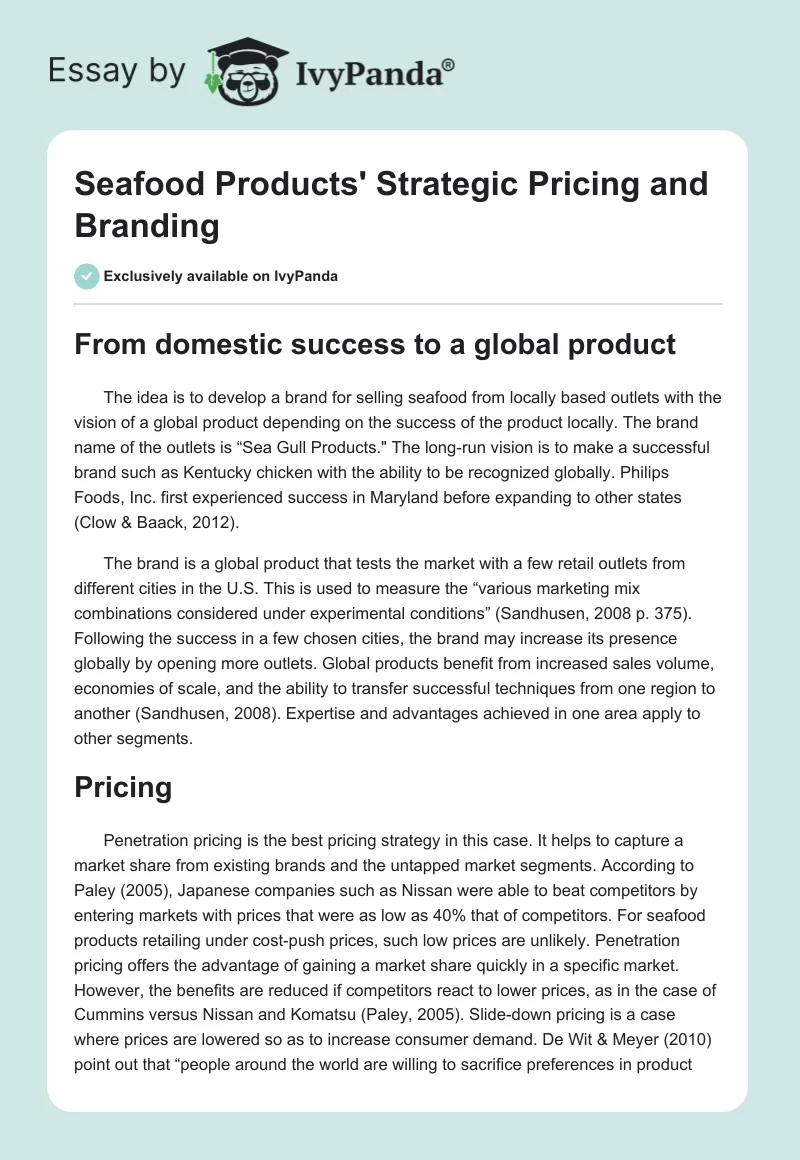 Seafood Products' Strategic Pricing and Branding - 1145 Words | Essay ...