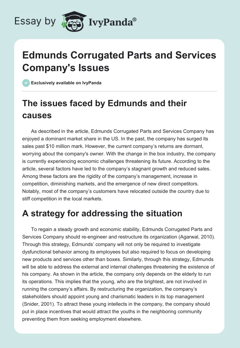 Edmunds Corrugated Parts and Services Company's Issues. Page 1