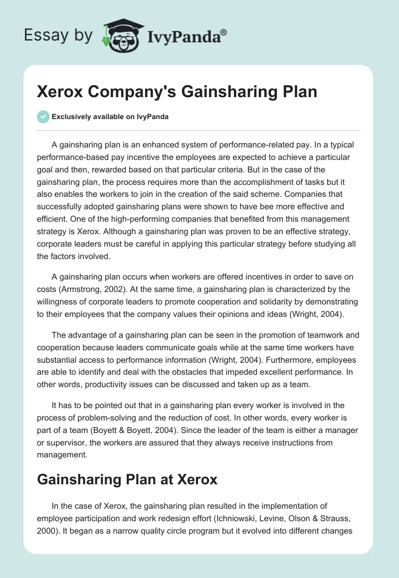 Xerox Company's Gainsharing Plan. Page 1