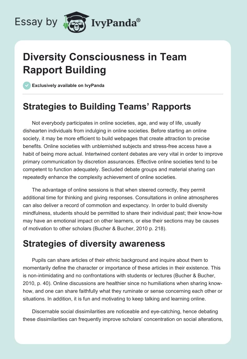 Diversity Consciousness in Team Rapport Building. Page 1