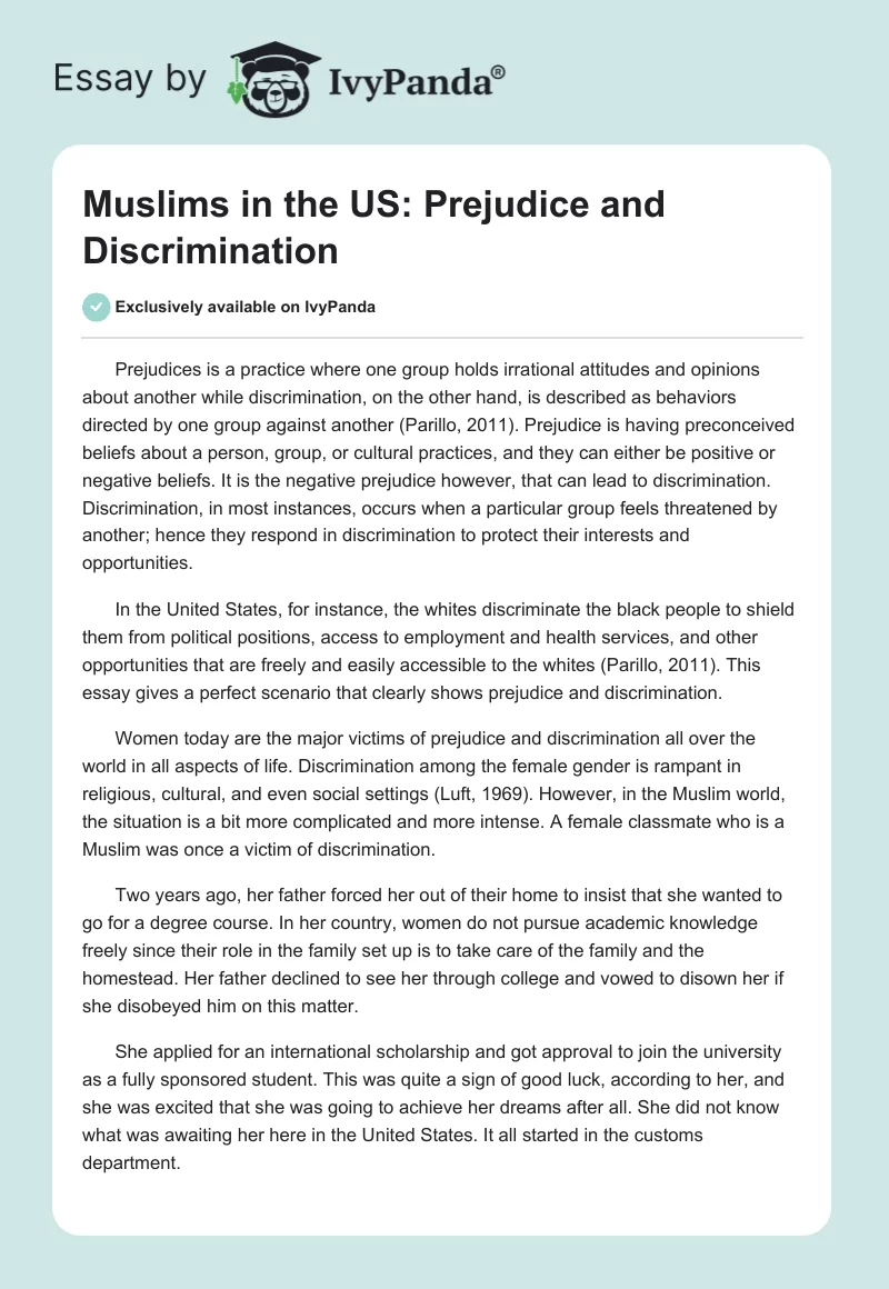Muslims in the US: Prejudice and Discrimination. Page 1