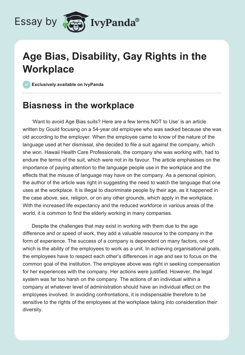 Age Bias, Disability, Gay Rights in the Workplace. Page 1