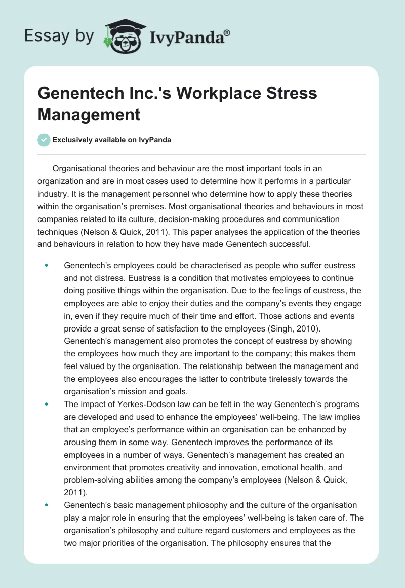 Genentech Inc.'s Workplace Stress Management. Page 1