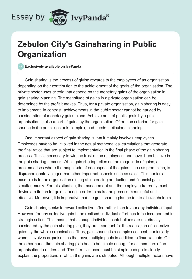Zebulon City's Gainsharing in Public Organization. Page 1