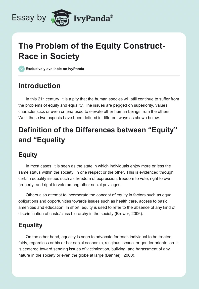 The Problem of the Equity Construct-Race in Society. Page 1