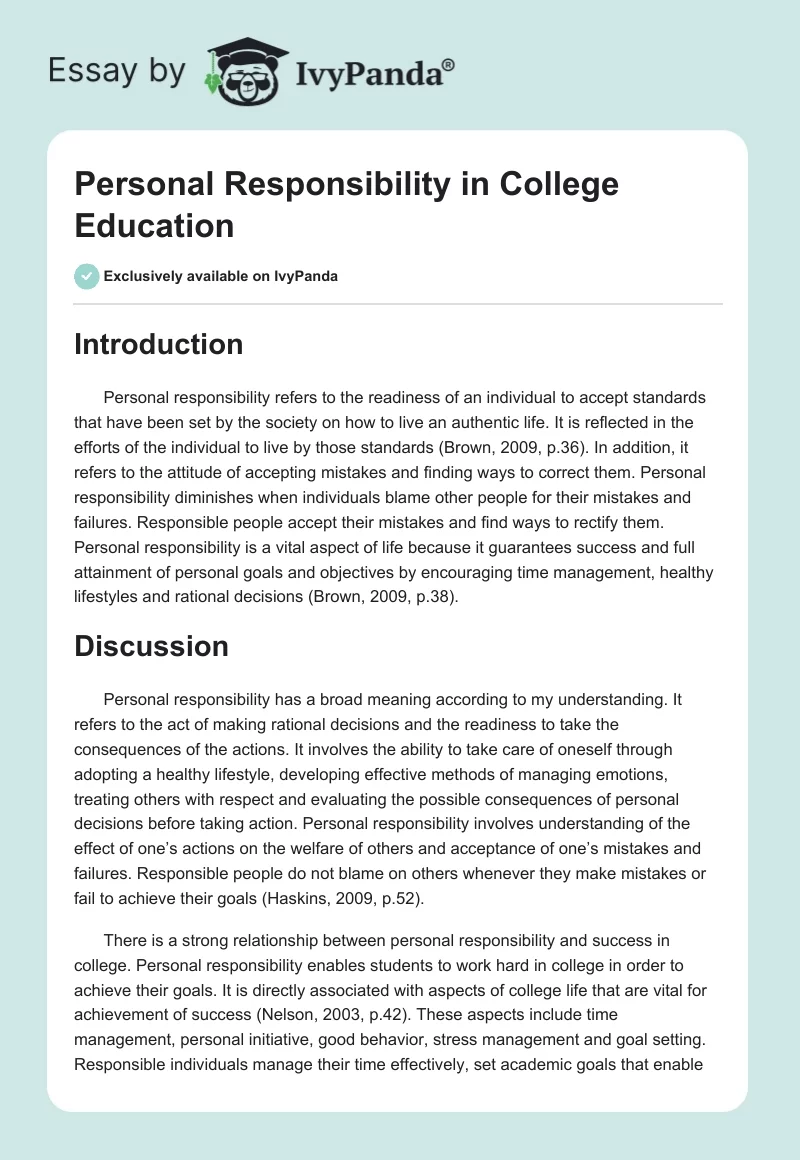 Personal Responsibility in College Education. Page 1
