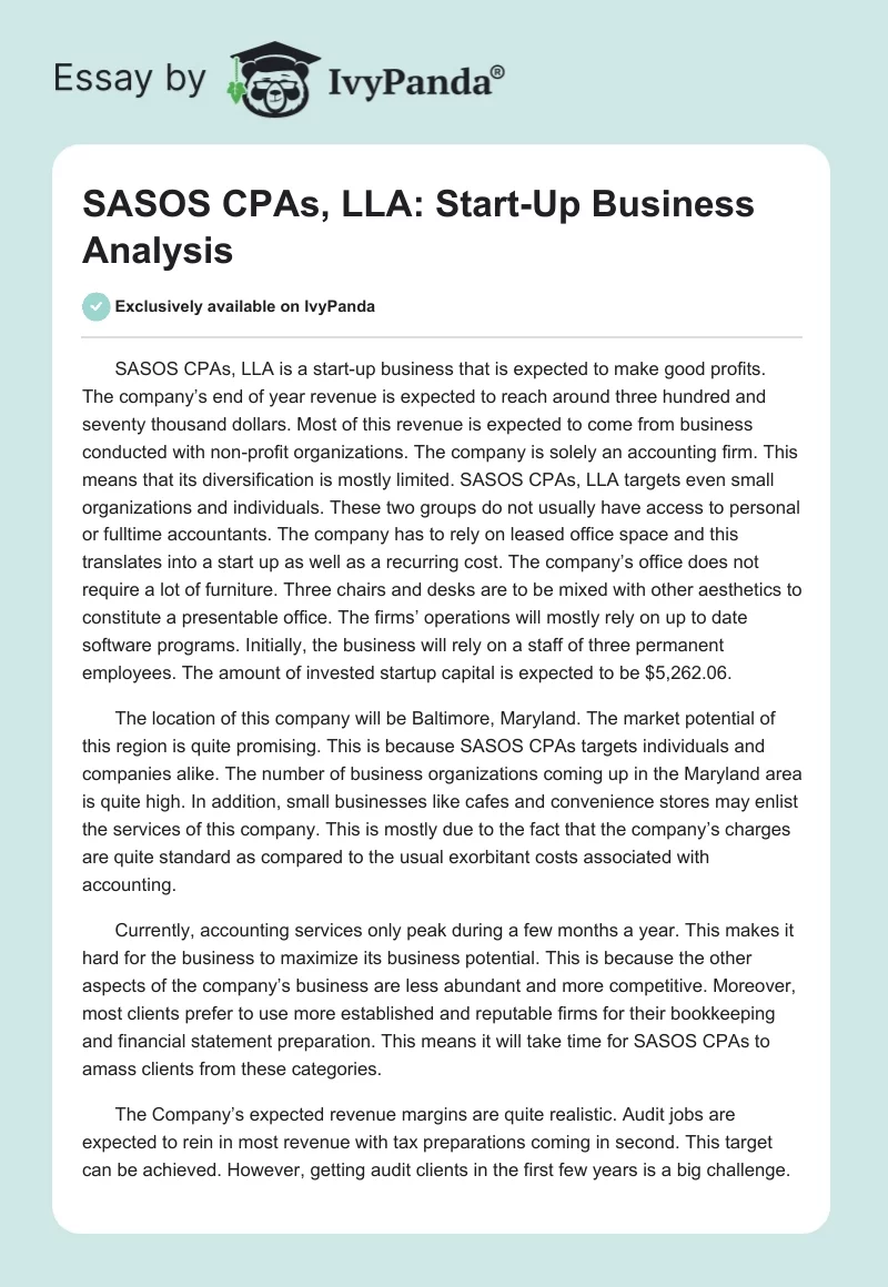 SASOS CPAs, LLA: Start-Up Business Analysis. Page 1