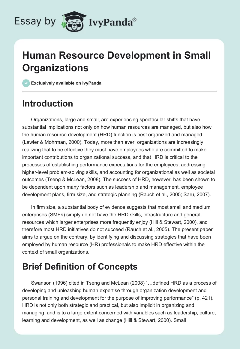 Human Resource Development in Small Organizations. Page 1