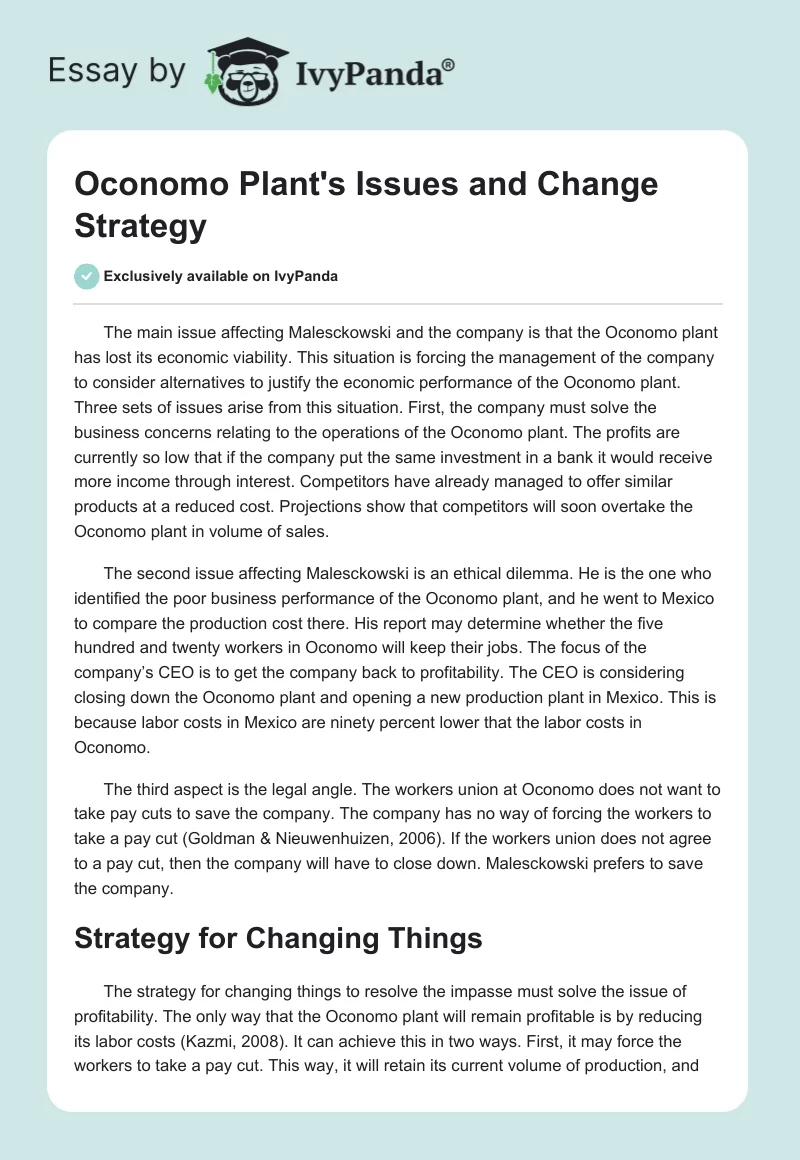Oconomo Plant's Issues and Change Strategy. Page 1