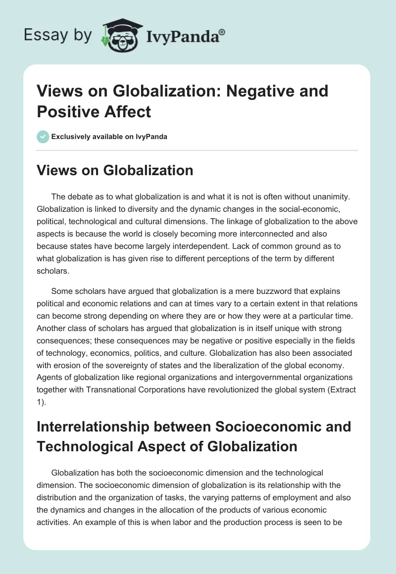 Views on Globalization: Negative and Positive Affect. Page 1