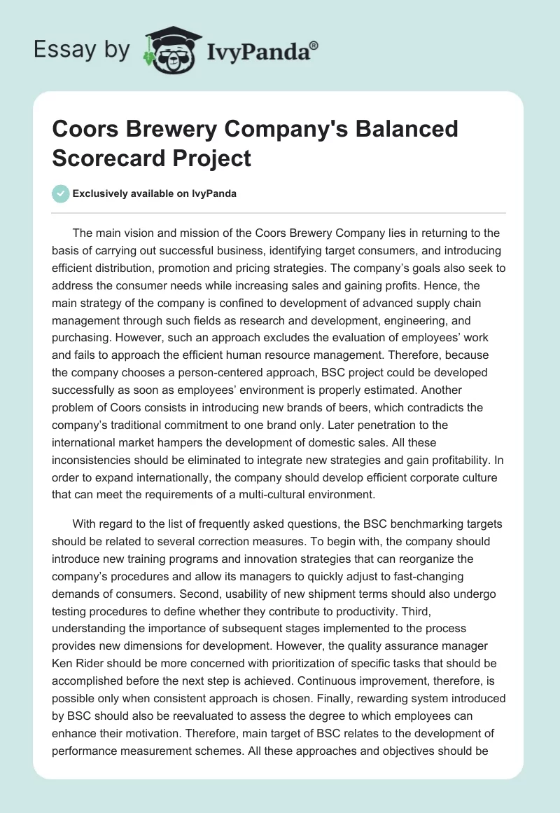 Coors Brewery Company's Balanced Scorecard Project. Page 1