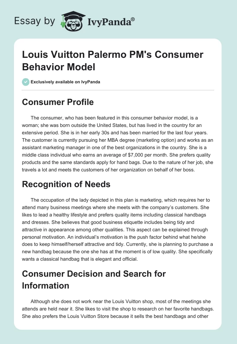 Louis Vuitton Palermo PM's Consumer Behavior Model - 854 Words