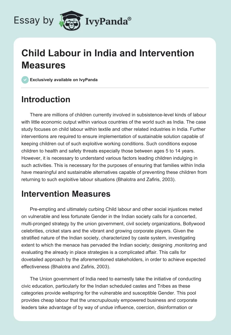 Child Labour in India and Intervention Measures. Page 1