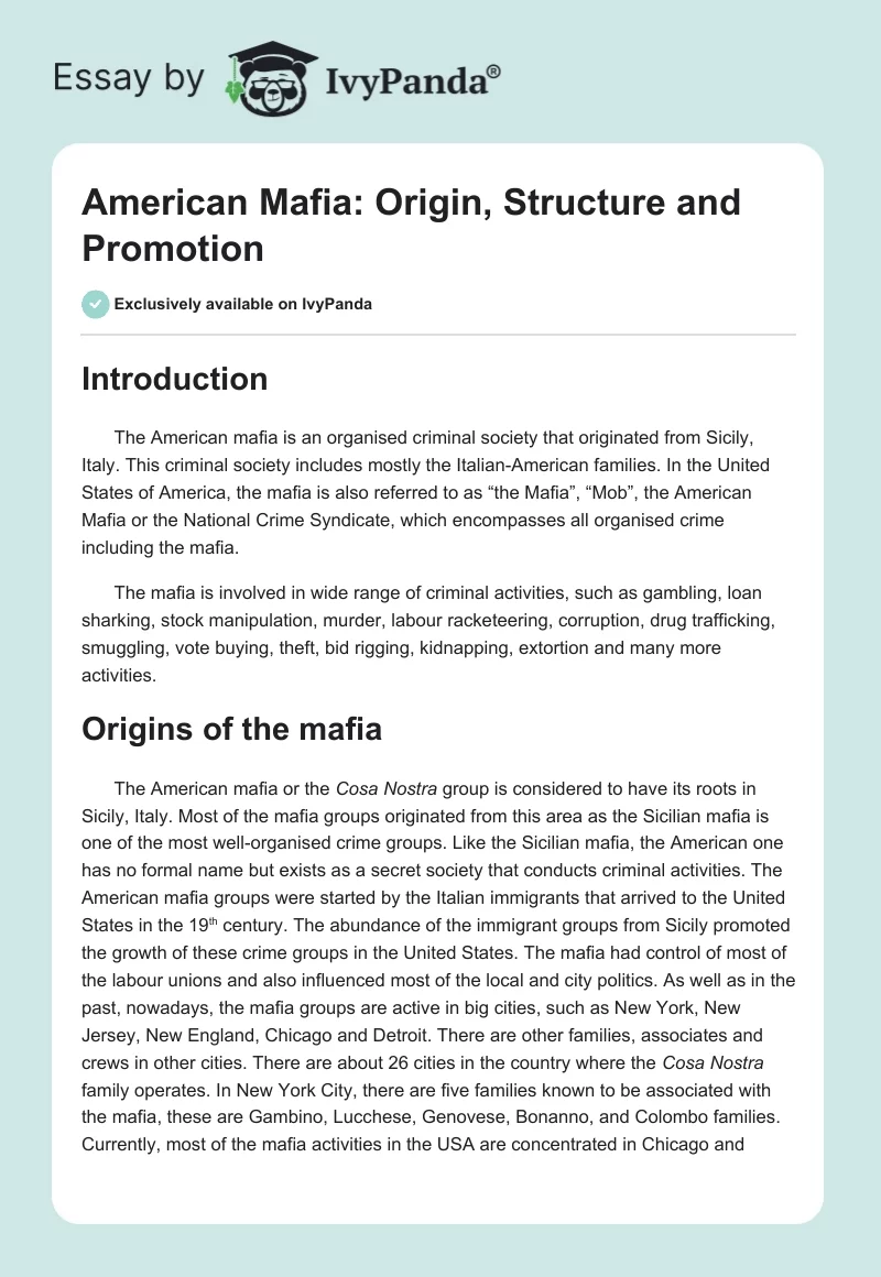American Mafia: Origin, Structure and Promotion. Page 1